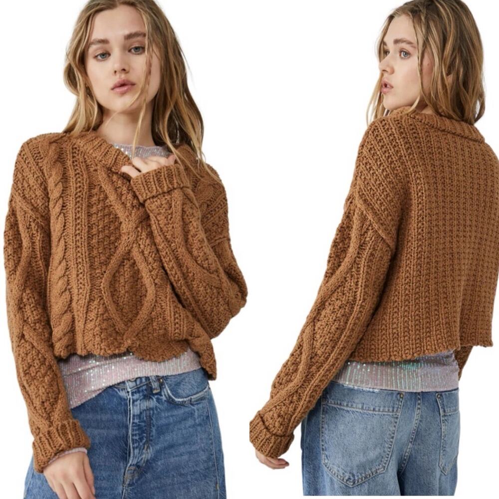 Free People Cutting Edge Cable Knit Sweater Brown Large